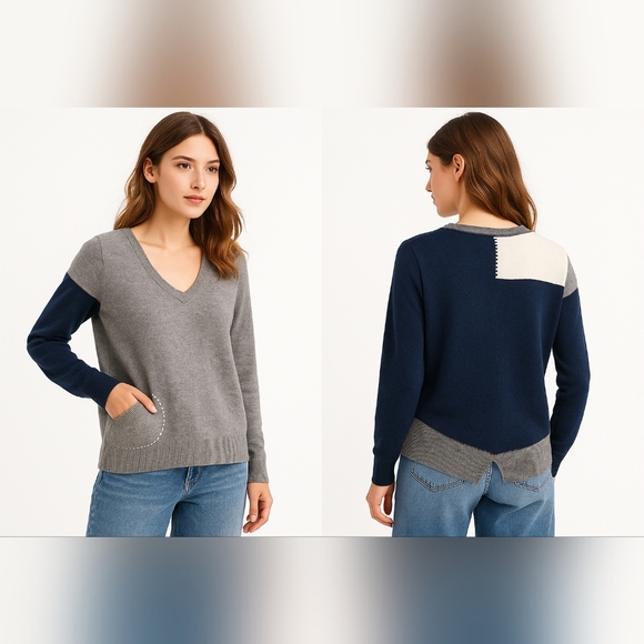 LABEL+ thread Sweaters - Label + Thread Wool Cashmere Colorblock Sweater | Grey Navy Cream | Size S